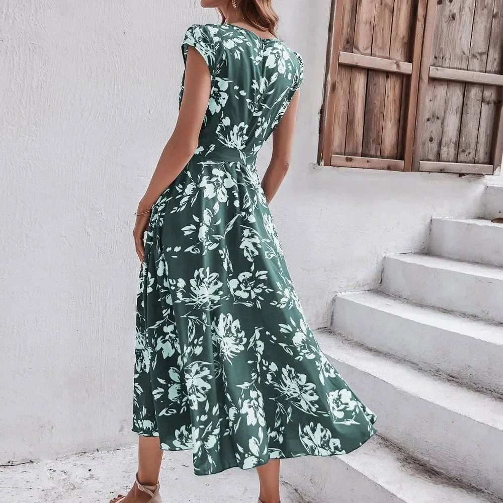 New Floral Print Puff Sleeve Wrap Belted Dress Green - Picture 5 of 6
